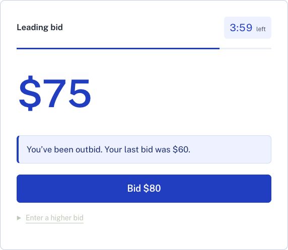English auction bidder screen showing a current price of $75 and a Bid $80 button.