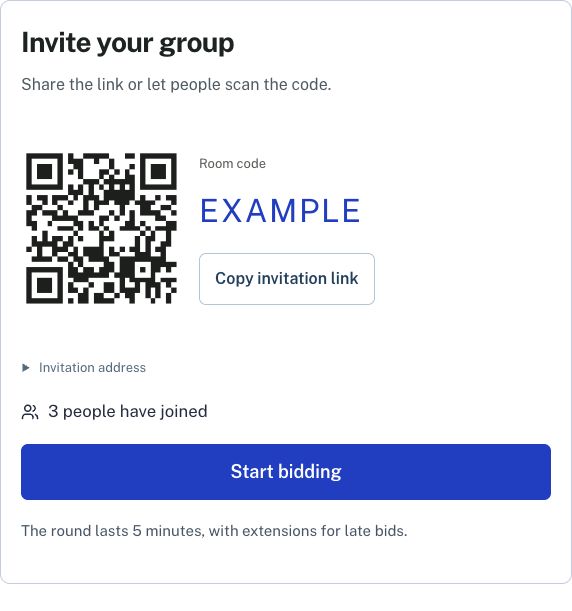 Host invitation screen with a room code, Copy invitation link and Start bidding controls.